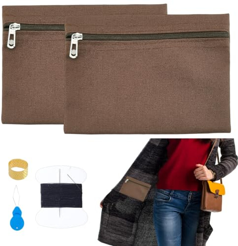 NBEADS 2 Sets Sew-in Side Pocket with Zipper, Zipper Coat Inside Pocket kit with Sewing Thread and Needles Travel Security Pocket Hidden Wallet for Jacket Hoodie Sweatshirt, 16x22x0.4cm, Saddle Brown