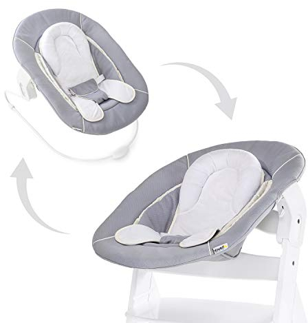 hauck 2in1 Babywippe & Neugeborenenaufsatz für Alpha+ & Beta+ Holzhochstuhl Alpha Bouncer 2in1, für Babys ab Geburt bis 9 kg, mit 3-Punkt-Hüftgurt, Sitzverkleinerer und Wippgestell (Stretch Grey)