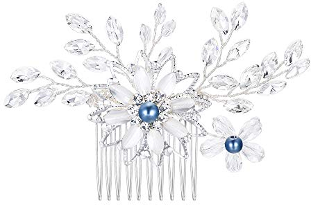 Clearine Damen Haarkamm Hochzeit Blau Simulierte Perle Kristall Emaille Blatt Marquise Blume Elegant Haarnadeln Haarschmuck Klar Silber-Ton