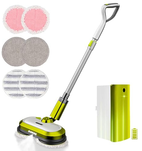 VMAI Cordless Electric Mop with Water Spray & Detachable Battery, Rechargeable Floor Spin Mop & Scrubber with LED Headlights, Washable Pads, Lightweight for Hardwood Tile Marble Floor Cleaning