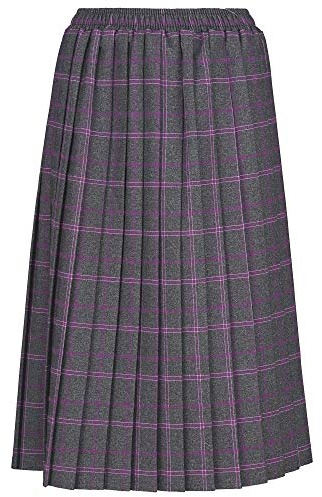 KENTEX ONLINE Womens Pleated Skirt Tartan Check Ladies 27 Box Pleated Elasticated Waist Waistband Skirts 27 Length Knee Length (Large (16-18), Purple/Grey)