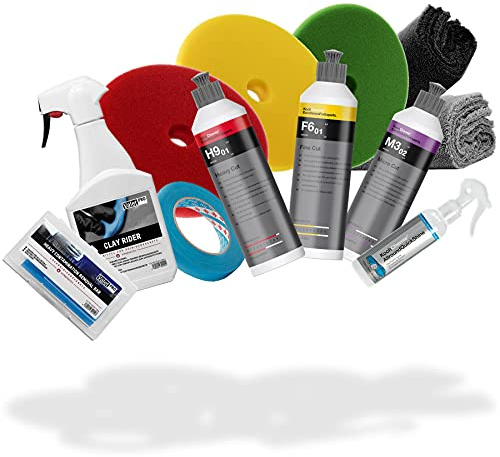 detailmate Set lucidante per auto KochChemie Politure da 250 ml + KochChemie Allround Qucik Shine + ValetPRO Clay Rider 500 ml + pasta per la pulizia + tamponi lucidanti + accessori