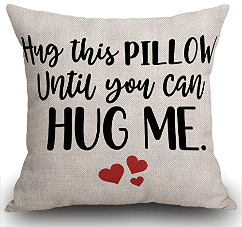 Smooffly Two Sided Printing Best Lover Couple Sweetheart Present Sweet Sayings Hug This Pillow Until You Can Hug Me New Home Decorative Soft Cotton Linen Throw Cushion Cover Pillow Case Square