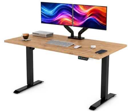 POKAR Höj- och Sänkbart Skrivbord Elektriskt 120x60 cm | Massiv 25mm Bordsskiva | Touch-Panel med USB-C och USB-A | Stående Skrivbord för Hemmakontor | Stativ Svart, Skiva Guld Craft Ek