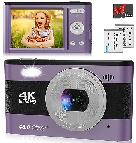 4K Digital Kamera 48 MP Foto/ 1080P FHD-Video/ 2,8-Zoll-Bildschirm/ 18-facher Zoom, kompakte Digitalkamera mit SD-Karte, Kamera für Kinder/Kinder/Jugendliche/Studenten/Anfänger