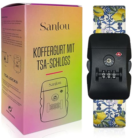 SANLOU - Premium Koffergurt mit Zahlenschloss - TSA Schloss, Verstellbar, Auffällige Designs - Kofferband Gurt Auffällig - Kofferbänder - Koffer Gurt - Kofferband mit Schloss (Zitronen)