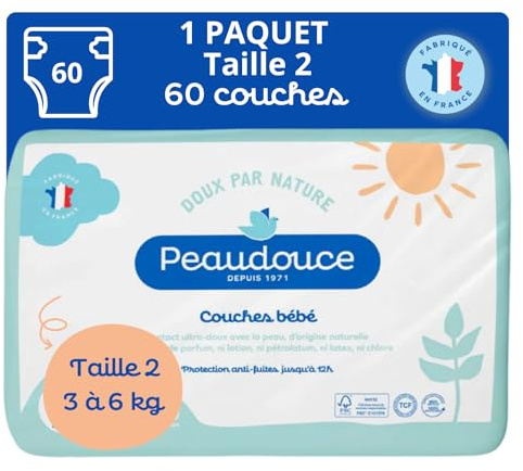 PEAUDOUCE - Packung mit 60 Windeln für Babys, Größe 2 (3-6 kg) – umweltfreundlich, natürlich, gesund und weiche Haut – hergestellt in Frankreich – Auslaufschutz bis zu 12 Stunden – nicht mit Chlor