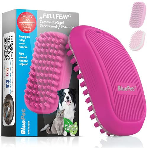 BluePet Gummiborste för kort lugg - Badborste för hund och katt, massageeffekt, avlägsnar dött hår, smuts och damm (fast rosa)