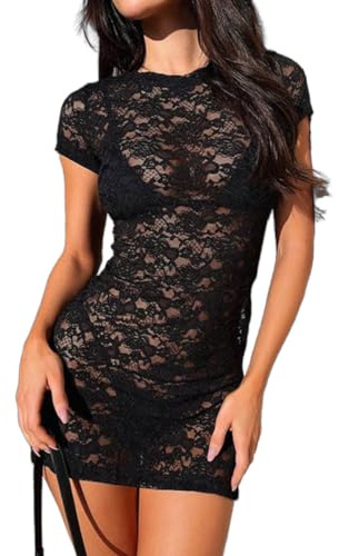 LOFAAC Mini robe moulante sexy en dentelle florale transparente à col rond, manches courtes, fente latérale, robe de cocktail ou de club pour femme, noir, Taille M