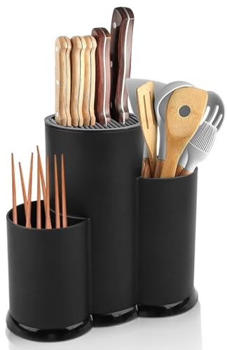 SPORWAY Ceppo portacoltelli 3 in 1, senza coltello: 23 x 22 cm, nero, universale, rotondo, portacoltelli vuoto, portacoltelli, posate da cucina, adatto per coltelli da cucina