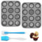 2 Pack Muffin Trays, Silicone Muffin Moulds 12 Cup - BPA Free & Dishwasher Safe Cupcake Pan Muffin Tray, Baking Mould for Muffins or Cupcakes with Scraper & Oil Brush (Grey)