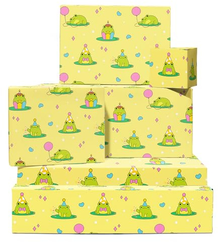Carta da regalo rana - 6 fogli di carta da regalo gialla - Rane Kawaii con fiocco, cappello da festa, palloncino - Carta regalo compleanno per ragazza Donna Bambini - Riciclabile - Di Central 23