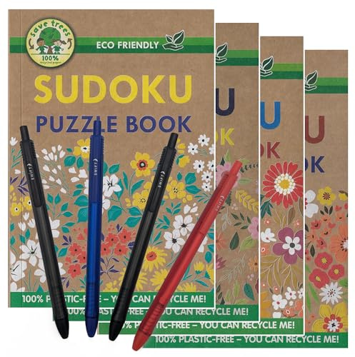 ihoot A5 Eco-Friendly Sudoku Book Bundle | Puzzle Books for Adults and Teens | 4x Plastic-Free Sudoku PLUS a Handy Pack of 4 Pens | Brain Teasers | 130+ Puzzles In Each