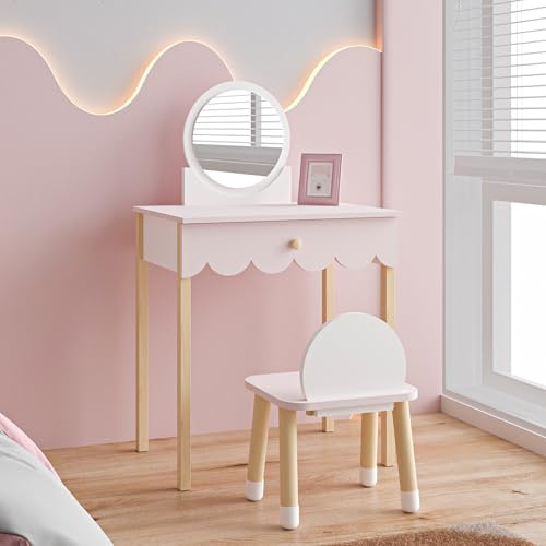 [en.casa] Set di Tavolo da Trucco per Cameretta con Specchio Rotondo e Sedia Tavolino da Toeletta Scrivania con Cassetto e Sgabello per Bambini - Rosa/Bianco