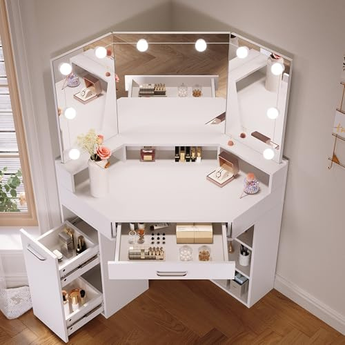 SONNI Stort sminkbord 110 cm med 3 färger LED-spegel, sminkbord med tredubbel spegel, stor låda, utdragsskåp och hyllor, toalettbord för sovrum, 110 x 54 x 141,5 cm, vitt