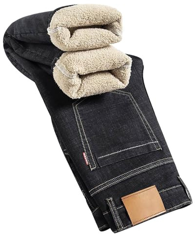 Vaqueros térmicos forrados para hombre pantalones de nieve con forro polar pantalones de invierno de vellón de cordero cálido corte recto jeans casuales para el trabajo, Negro , L
