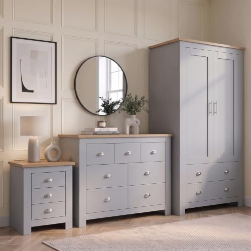 Blisswood Bedroom Wardrobes sets with 2 Door Wardrobe & 4+3 Drawer Chest of Drawers + 3 Drawer 2 Bedside Table Cabinet Bedroom Set for 3 Piece Bedroom furniture (Grey & Oak)