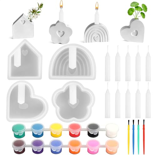 4 stycken silikonform ljushållare, regnbåge, blomma, hjärta, hus | Silikonformar gjutformar, med 10 ljus, 12 färger, 4 penslar, för betong, gips