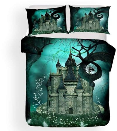 Morbuy Bettbezug Bettwäsche Set, 3D Mythischer Wald Drucken Bettwäsche-Set Deluxe Mikrofaser Weiche mit Reißverschluss Bettbezug und Kissenbezüge (220x260cm,Seltsames Schloss)