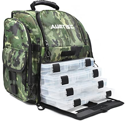 AUMTISC Sac à dos de pêche sac de pêche polyvalent avec housse de protection contre la pluie Comprend 4 boîtes de pêche camouflage