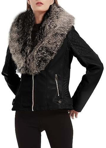 Giolshon Chaqueta de piel Sintética para Mujer, Abrigo Corto Cálido de Motociclista de Invierno con Cuero de piel Desmontable 9201 Negrogris 3XL