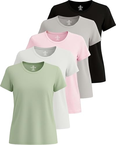 Real Essentials Confezione da 5: Maglietta Sportiva da Donna Dry Fit Tech Stretch a Maniche Corte Girocollo (Disponibile in Taglie Forti), Set 9, L