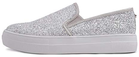 Feversole Women's Fashion Slip-On Trainer Casual Flat Loafers Skater Pumps Trainers Sneakers Shoes Shining Ice Silver Glitter Size 5