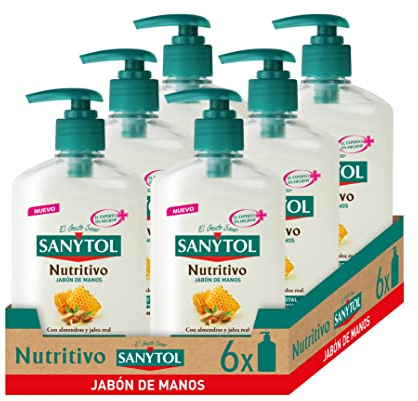 Sanytol Jabón de Manos Nutritivo y Antibacteriano con Almendras y Miel, Limpia, Nutre y Repara la Piel de tus Manos, Fórmula Probada Dermatológica y Clínicamente - Pack de 6 x 250 ml
