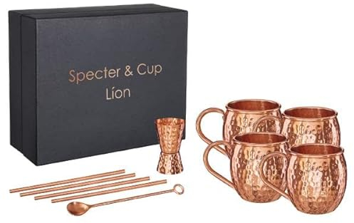 Specter Kupferbecher Moscow Mule 4er Set 500ml mit Zubehör, 100% reines Kupfer, Cocktailbecher, Barset