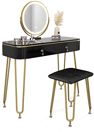 Vicco Schminktisch Grace, Schwarz Hochglanz, 100 cm mit LED Beleuchtung und Hocker
