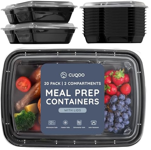 CUQOO Meal Prep Containers – 10 Pack 2 Compartment Lunch Boxes & Food Storage Containers with Lids – Reusable, BPA-Free, Stackable, Microwave & Freezer Safe