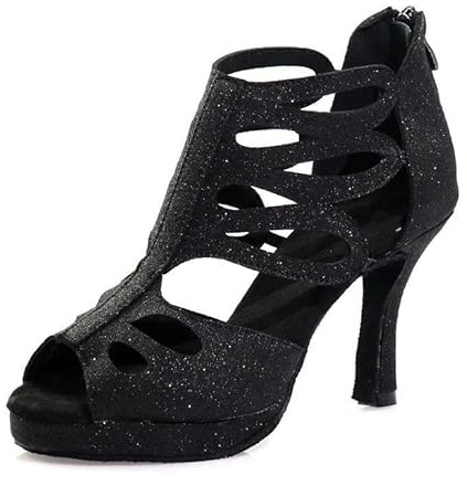 Zapatos de baile latino con plataforma cómoda para mujer, con diamantes de imitación, tacón personalizado, salsa, tango, cómodos, zapatos de juego con puntera abierta, Black, 38 EU