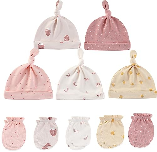 MAMIMAKA Set med babymössa och vantar för nyfödda bebismössor för bebispojkar flickor 0–6 månader 100 % bomull, Rosa Hpgm31, 0-6 Months