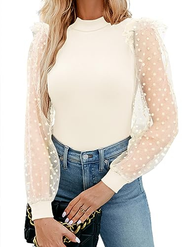 WAYMAKER Women Turtleneck Ribbed Slimming One Piece Long Mesh Sleeve Bodysuits Swiss Dot Tops Leotard Beige Large