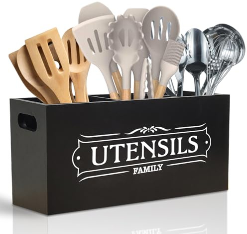 Kitchen Utensil Holder for Countertop, Extra Large Organizers and Storage - Wooden Farmhouse Decor and Utensil Crock for Kitchen Counter, Rustic Countertop Organizer for Cooking Tools(Black)