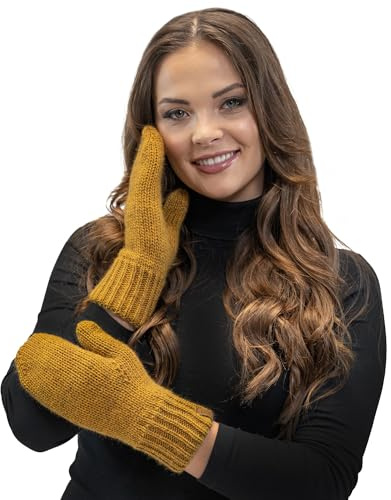 VIVISENCE Dam vinter knythandskar av värmande garn med breda stickade manschetter, handskar mysig snygg mönsterlös design för kalla vinterdagar höstmodell 7015, Mörkgul, En Storlek
