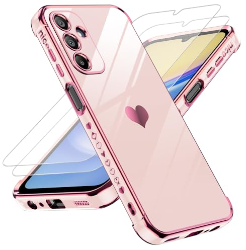 LeYi Funda para Samsung Galaxy A15 5G/4G A 15, Silicona Carcasa con 2pcs Cristal Templado, Corazón Amor Mujer Estuche Protector Galvanizado Suave TPU Bumper Resistente Antigolpes Móvil Case, Rosa