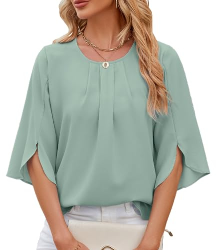Chemisier Femme Chic et Élégant Top à Manches Courtes Blouse en Mousseline à Col Rond Plissé Tunique à Manches 3/4 Fendues Haut pour Bureau Fête