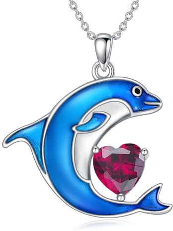LONAGO Dauphin Collier 925 Argent Sterling Dauphin Bleu avec Pierre de Naissance Pendentif Collier pour Femme (Juillet)