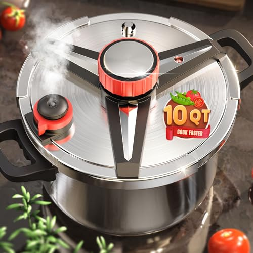 Pressure Cooker 10 QT, [Save 70% Cooking Time] Stainless Steel Pressure Canner with Triple-Layer Steel Body [One Hand Operation] Rotating Lock/Unlocking Lid System Steam Rack Included Olla De Presion