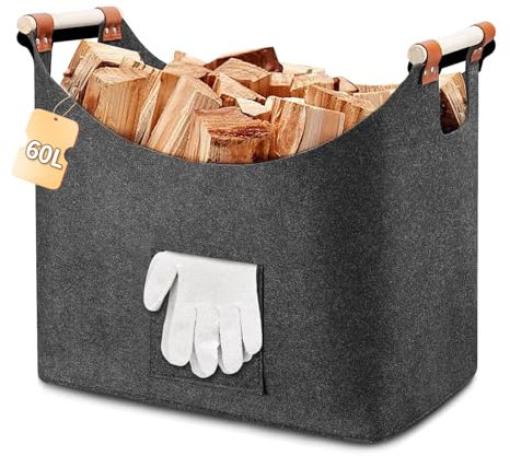 Leerweii XL Holzkorb für Kaminholz 60L, extra dicker Brennholzkorb Filzkorb mit verstärkter Griff, Kaminholzkorb Filztasche Groß für Einkauf, Holz, Zeitung oder Brennholz (45 x 32 x 40cm, Dunkelgrau)
