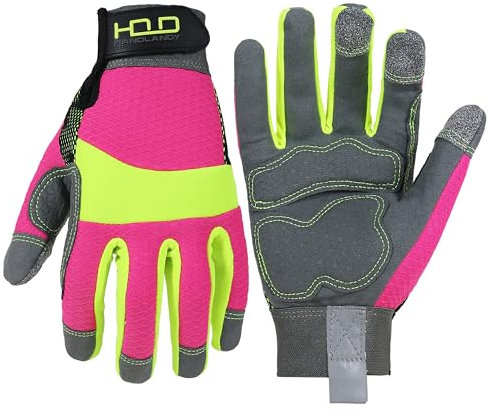 HANDLANDY Anti Vibration Work Gloves for Women, Hi-vis Reflective Utility Safety Work Gloves, Padded Non-Slip Grip Touchscreen Womens Working Gloves (Hi-vis Pink, M)