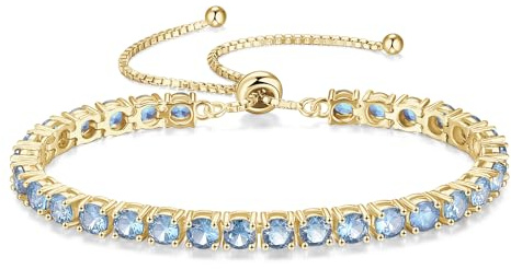 FANCIME March Birthstone Jewelry Aquamarine Bracelet Gold Tennis Bracelet Bolo Adjustable Chain Fine Jewelry Anniversary Birthday Gifts for Women Mom Wife Her, 4mm Width