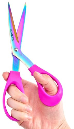 SCAIKTIG 8.5“ Bent Fabric Scissors All Purpose Sharp Heavy Duty, Bent Shears for Sewing Crafting Cutting Clothes, Felt, Leather, Paper Supplies, Pink Handle, Titanium Coating Blades