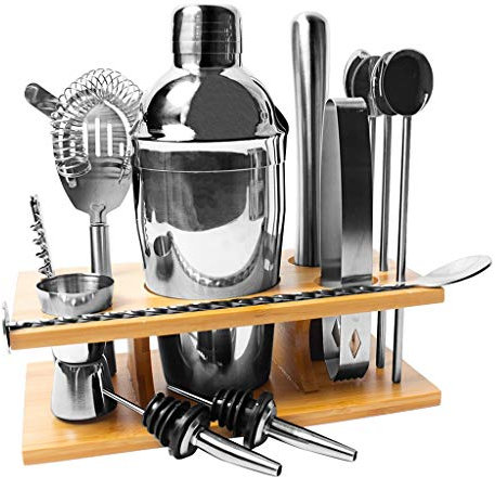 QTANZIQI Juego de coctelera de Acero Inoxidable, Kit de Herramientas para Camarero, 550 ml/750 ml, Utensilios de Bar para cócteles con Soporte de Madera, Mezclador de Vino, 12/14 Piezas (Color: 14
