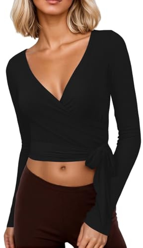 Y2k Ballet Wrap Top Manga Larga Cuello en V Profundo Slim Fit Yoga Pilates Ballet Entrenamiento Tops Sexy Opaco Suave Vendaje Camisa Monocolor Blusa Envolvente Ropa de Danza Ropa de Baile