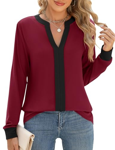 IECCP Chemisier habillé décontracté à manches longues et col en V pour femme - Coupe ample - Tendance, Noir_bordeaux, XXL