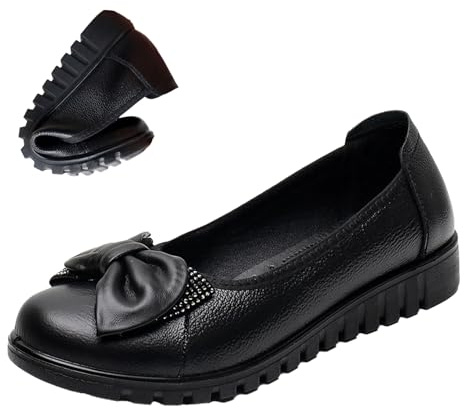 HNEOWGN Women's Black Leather Wedge Dress Pumps,Comfort Cute Knot Bow Rhinestones Round Closed Toe Slip On Low Casual Shoes (9,Black)
