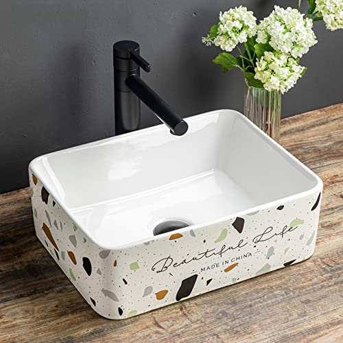 Lavabo Fregadero De Recipiente Baño Rectángulo con Grifo, Cerámica Moderno Sobre Encimera Lavabo Tocador Porcelana Arte Lavamanos(Pequeño)