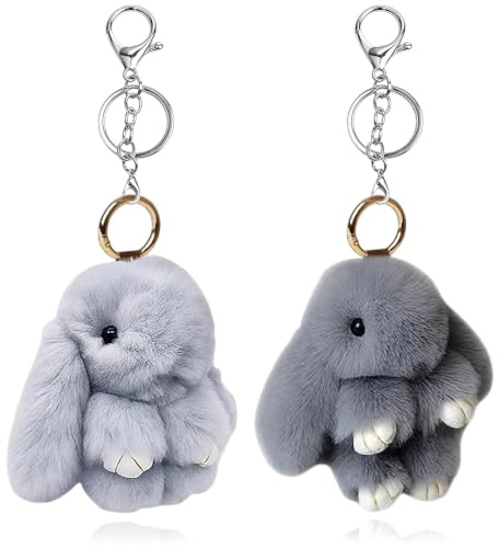 2PCS Adorable Porte-clés Lapin en Pluh,Clés En Fausse Fourrure Porte Clés Mignon En Peluche Lapin Porte,Décoration de Pompon en Peluche (Gris foncé & gris clair)